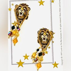 Lunch at The Ritz 1997 Lion “Lyonnaise” pierced earrings WITH menu card, unworn